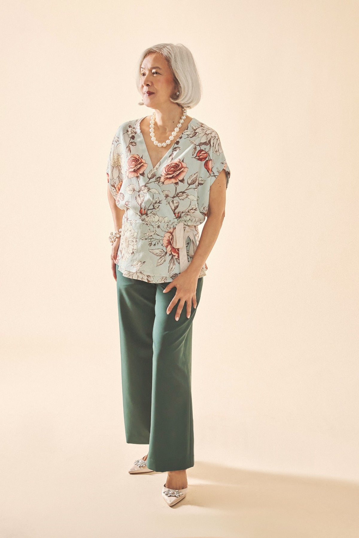 Rosette Printed & Linen Top